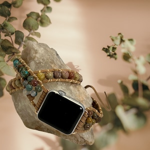 Semi Precious stone  Watch band,  Wrap around watch band, hand sewn watch band, boho, earth tone beads, beaded watch band
