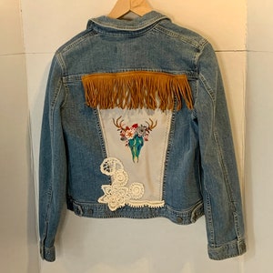 Denim Jacket, Up cycled jean jacket embroidered leather. hippie jacket ,sustainable wearable art