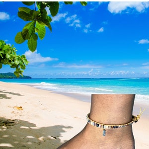 Shell ankle or wrist bracelet, beauty, adjustable bracelet for ankle or wrist, and sewn, unisex, charm attached.