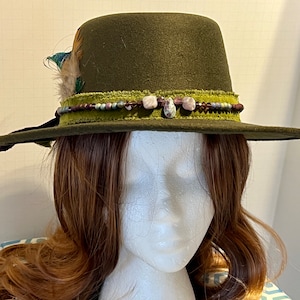Olive green felt hat, one of a kind, Stevie Nicks style hat, fedora, trendy hat, porkpie hat, Panama hat, boho hat, western hat