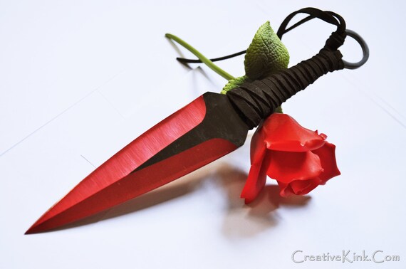 9" Straight Black and Blood Red Dagger, with Leather Wrapped Cord Handles - BDSM Fear and Play Toy ..