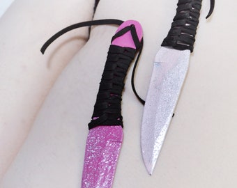 TWO PINKS - Bright Silver Sparkles in Happiness Bleeding onto Steel -- 8" Dark & Light Pinks, Leather Wrapped Grip- BDSM Knife Play Sex Toy