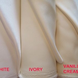 Duchess Satin White, Ivory, or Vanilla Cream color; dull-finish satin, polyester for dressmaking, bridal; 60&quot; wide; priced per 1 yard