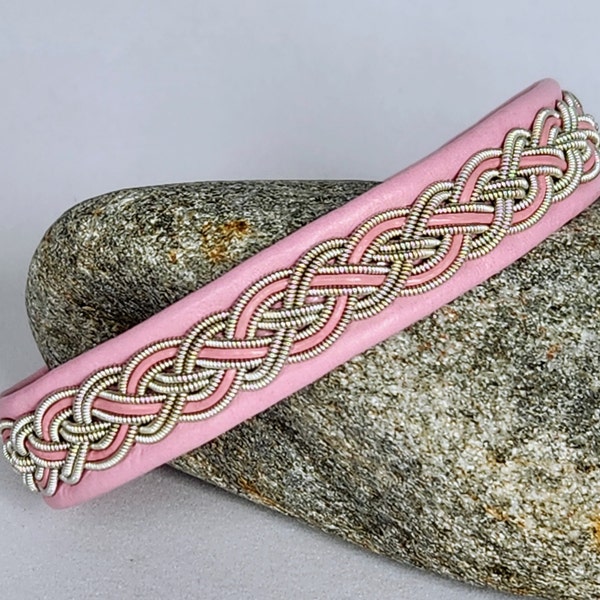 Sami Inspired Bracelet | Pink Leather & Silver Pewter Braid | Nordic Scandinavian Viking Jewelry | Ready to Ship | Large 8"