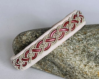 Sami Inspired Bracelet | White, Pink Leather & Silver Pewter Braid | Nordic Scandinavian Viking Jewelry | Ready to Ship | Large 7.5"