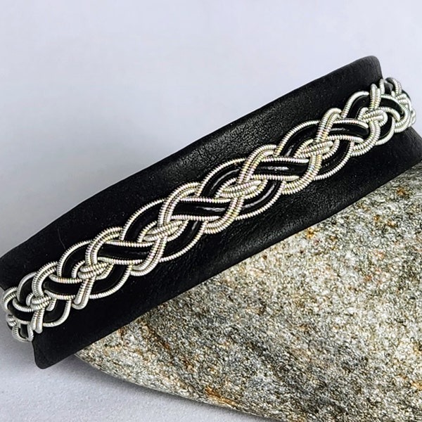 Sami Inspired Bracelet | Black Leather & Silver Pewter Braid | Nordic Scandinavian Viking Jewelry | Ready to Ship | Large 8.25"