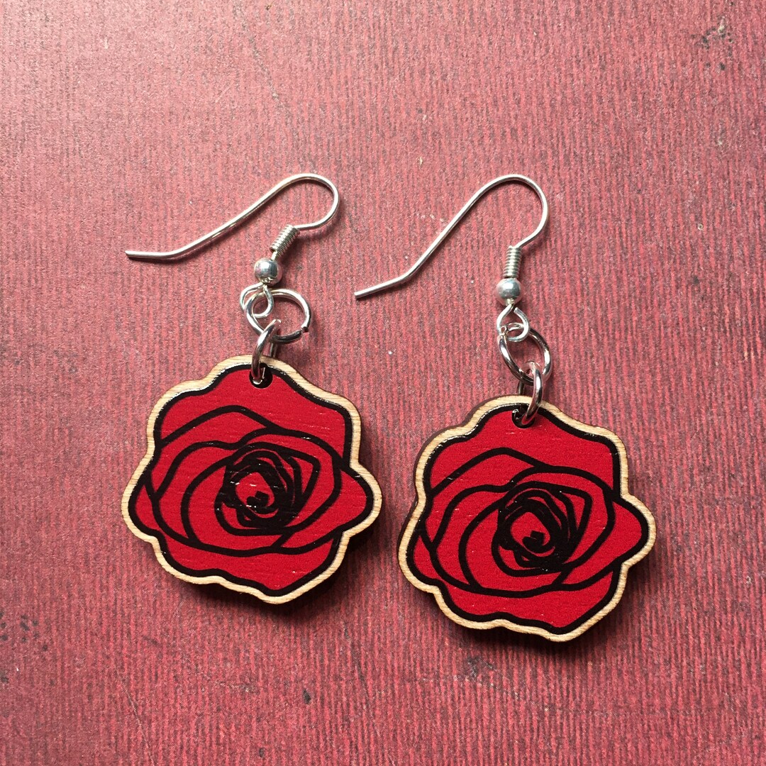Red Rose Earrings, Flower Earrings, Laser Cut Wood Earrings, Art