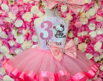 kitty party outfit set , halter top, kitty pink tutu set ,fashion birthday kitty dress, white sequin top and pink glitter tulle tutu dress