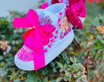 Custom dolly Converse, hot Pink Bling Shoes personalized , Bedazzled Crystals and Pearls,Chuck Taylor High top Sneaker.