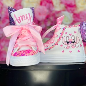 Custom angel and stitch  Converse, Bling Shoes personalized , Bedazzled Crystals and Pearls,Chuck Taylor High top Sneaker.