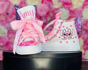 Custom angel and stitch  Converse, Bling Shoes personalized , Bedazzled Crystals and Pearls,Chuck Taylor High top Sneaker.