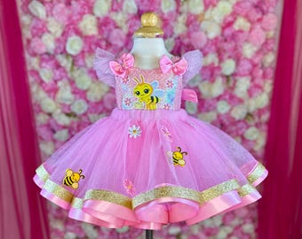 Bumble Bee Birthday Tutu Outfit, Custom Bodysuit, Bow Set, Pink Tulle Dress