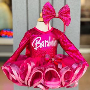 Dolly Hot Pink Sequin Top & Glitter Tulle Tutu, Headband Bow Set, Barbie tutu , Barbie girl.