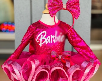 Dolly Hot Pink Sequin Top & Glitter Tulle Tutu, Headband Bow Set, Barbie tutu , Barbie girl.