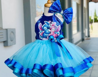 Stitch and Angel party tutu outfit, Stitch birthday party costume for baby girl, stitch outfit , baby girl , sequin top and tutu.