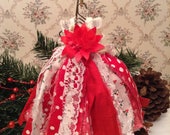 Victorian Red and White  Christmas Ornament,Tattered Lace Ornament,Shabby Chic Ornament/Display,OOAK Miniature Dress Ornament,Tattered Dress