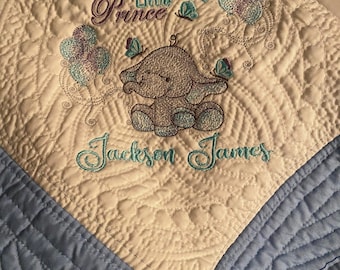 Personalized Heirloom Baby Blanket, Baby Elephant Quilt  with name, Custom Embroidered Baby Gift