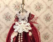 Red Velvet Victorian Tattered Ornament, Shabby Ornament, Red Velvet & Lace Tattered Ladies Dress, OOAK Miniature Dress Ornament