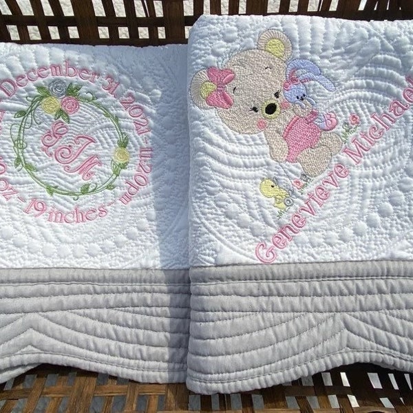 Custom Heirloom Baby Quilt, Personalized Embroidery Birth Announcement, Teddy Bear Design