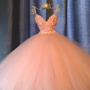 Puede incluir: Un vestido de bola de tul de color melocot&oacute;n con un escote de coraz&oacute;n y un corpi&ntilde;o adornado con delicadas flores rosas.
