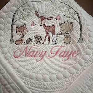 Personalized Forest Friends Baby Quilt, Embroidered Woodland Nursery Blanket