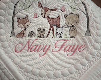 Personalized Forest Friends Baby Quilt, Embroidered Woodland Nursery Blanket