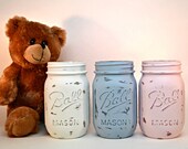 Baby Shower Jars Antique White, Blue, Pink, /Wedding Favors/Centerpieces, Set of (3) three, Painted Rustic Mason Jar, Distressed Mason Jars,