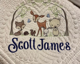 Forest Theme Personalized Blanket, Baby Safari quilt, Forest Friends Embroidered Blanket, Heirloom Baby Quilt, Woodland Theme Nursery