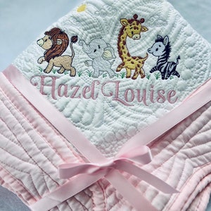 Jungle Parade Theme Personalized Blanket,   Embroidered Safari Baby Animal Cover, Heirloom Baby Quilt