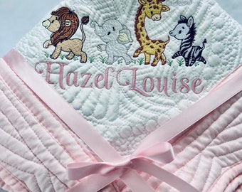 Jungle Parade Theme Personalized Blanket,   Embroidered Safari Baby Animal Cover, Heirloom Baby Quilt