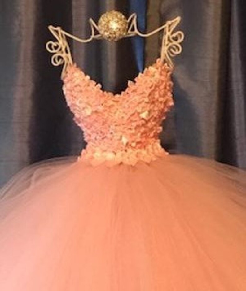 Puede incluir: Un vestido de bola de tul rosa claro con un escote de coraz&oacute;n y un corpi&ntilde;o cubierto de aplicaciones florales rosas.
