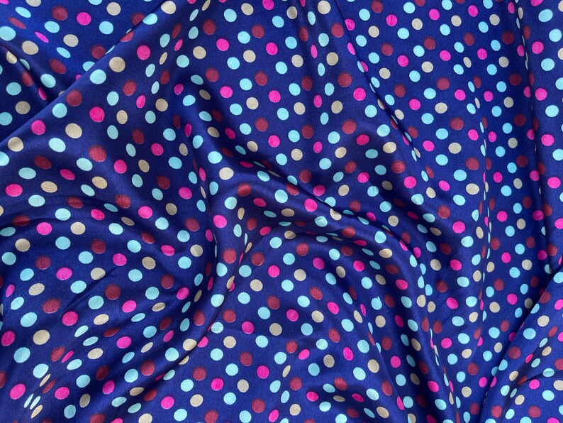 CHARMEUSE SATIN PRINT by the yard Top quality Blue multicolor polka Dots polyester charmeuse print shows both sides poly satin