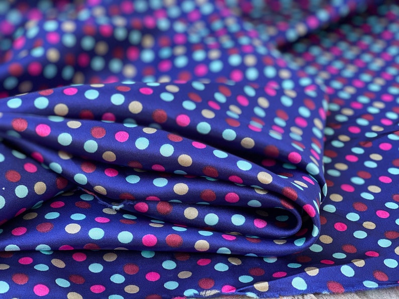 CHARMEUSE SATIN PRINT by the yard Top quality Blue multicolor polka Dots polyester charmeuse print shows both sides poly satin