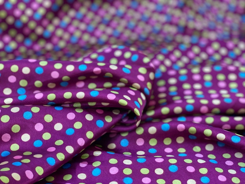 CHARMEUSE SATIN PRINT by the yard Top quality Blue multicolor polka Dots polyester charmeuse print shows both sides poly satin