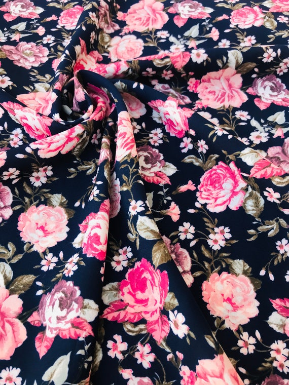 WOOLDOBBY FABRIC by the yard/ Navy and pink roses floral print | Etsy