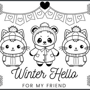 Postal para colorear imprimible - Amigos del invierno - Impresión digital, Gato, Panda