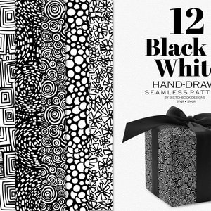 Black and White Hand-drawn Seamless Patterns, Digital Black and White Scrapbook Paper, Instant Download, Repeatable Doodle Patterns