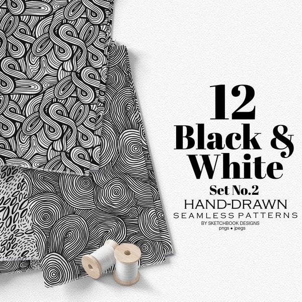 Black and White Hand-drawn Seamless Patterns Set 2, Digital Black and White Scrapbook Paper, Instant Download, Repeatable Doodle Patterns
