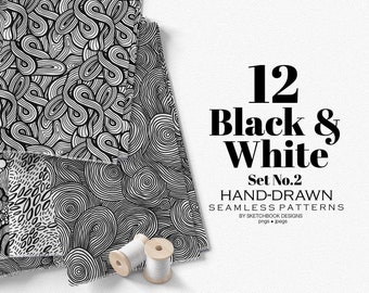 Conjunto de patrones sin costuras dibujados a mano en blanco y negro en blanco y negro, Juego de patrones sin costuras dibujados a mano en blanco y negro, descarga instantánea, patrones de garabatos repetibles
