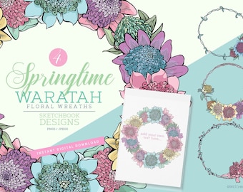 Summer Waratah Wreaths  , Australian Wildflower Digitals, floral Wreaths, Digital Download, Floral Wreaths, Australian Flora Clipart