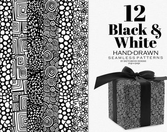 Patrones sin costuras dibujados a mano en blanco y negro, papel de álbum de recortes digital en blanco y negro, descarga instantánea, patrones de garabatos repetibles