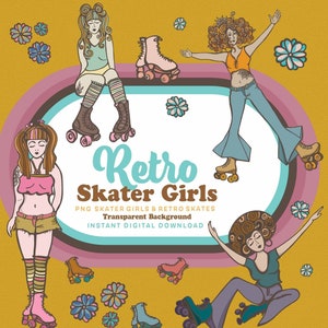 Retro Skater Girls Digital Seamless Pattern Set, roller skate png, roller derby girls, roller skate girls, vintage skates, png files