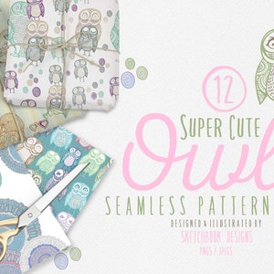 12 Cute Owl Digital Seamless Pattern Set Instant Download