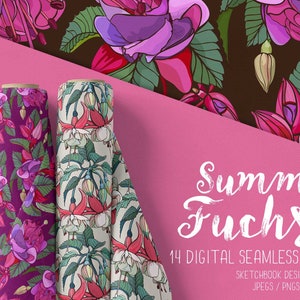 14 Summer Fuchsia Patterns, Digital Seamless Pattern Set Instant Download - Pink Flower patterns printables, Digital exotic flower gift wrap