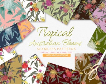 May include: A collection of 10 seamless digital patterns featuring tropical Australian blooms in various colors, including pink, green, yellow, and red. The patterns are perfect for crafting, scrapbooking, and other creative projects.  "Tropical Australian Blooms Seamless Patterns Instant Digital Download Sketchbook Designs"