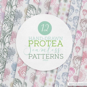 May include: Twelve hand-drawn seamless patterns featuring protea flowers in various colors, including pink, blue, green, and yellow. The patterns are perfect for digital scrapbooking, crafting, and other creative projects.