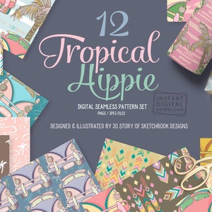 Puede incluir: Un conjunto de 12 patrones digitales sin costuras con temas tropicales y hippies. Los patrones incluyen palmeras, furgonetas vintage y diseños geométricos en una variedad de colores, incluyendo rosa, azul, verde y amarillo. El texto "12 Tropical Hippie" se muestra en una fuente grande en la parte superior de la imagen.  "INSTANT DIGITAL DOWNLOAD" se muestra en una fuente más pequeña debajo del título.