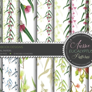 May include: A set of 14 digital papers featuring seamless patterns of Australian eucalyptus flowers in various colors, including pink, white, and green. The papers are 12 inches by 12 inches and 300 DPI.