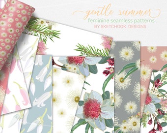 May include: A set of 10 digital paper patterns featuring delicate floral designs in shades of pink, white, and green. The patterns include eucalyptus leaves, flowers, and buds. The text "gentle summer feminine seamless patterns by sketchook designs" is displayed at the top of the image.