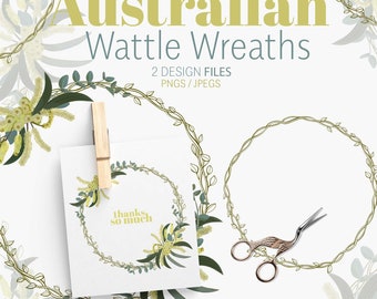 2 Wattle Wreaths Clipart, Australian Native flowers, Wattle Blossoms, Yellow wattle Digital Australian Florals, Wattle PNG Files